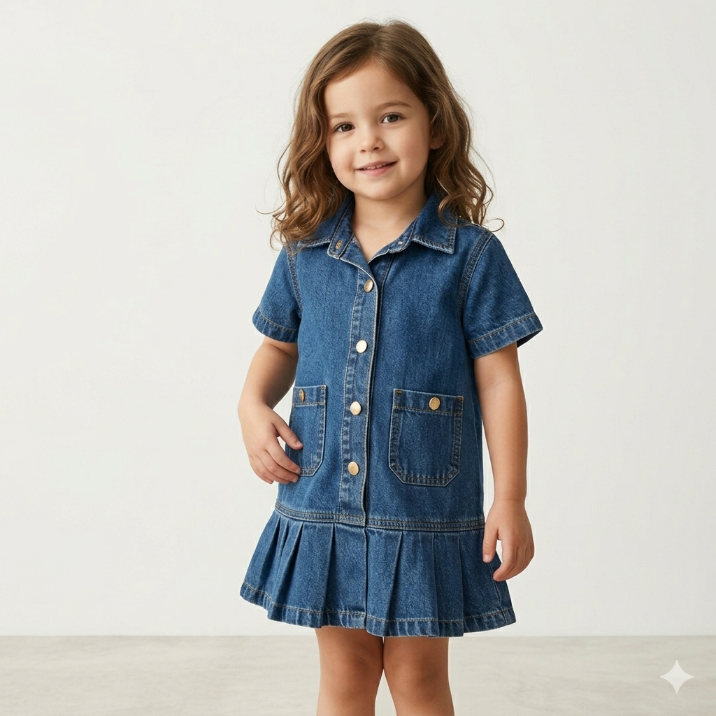 Classic Denim Pleated Shirt Dress