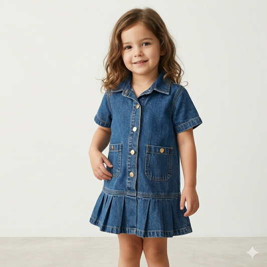 Classic Denim Pleated Shirt Dress